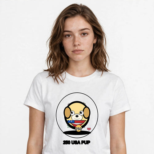 Lifestyle woman wearing 250th Anniversary Patriotic Dog Shirt American Pup - SAME DESIGN chest 0.60 thick commercial