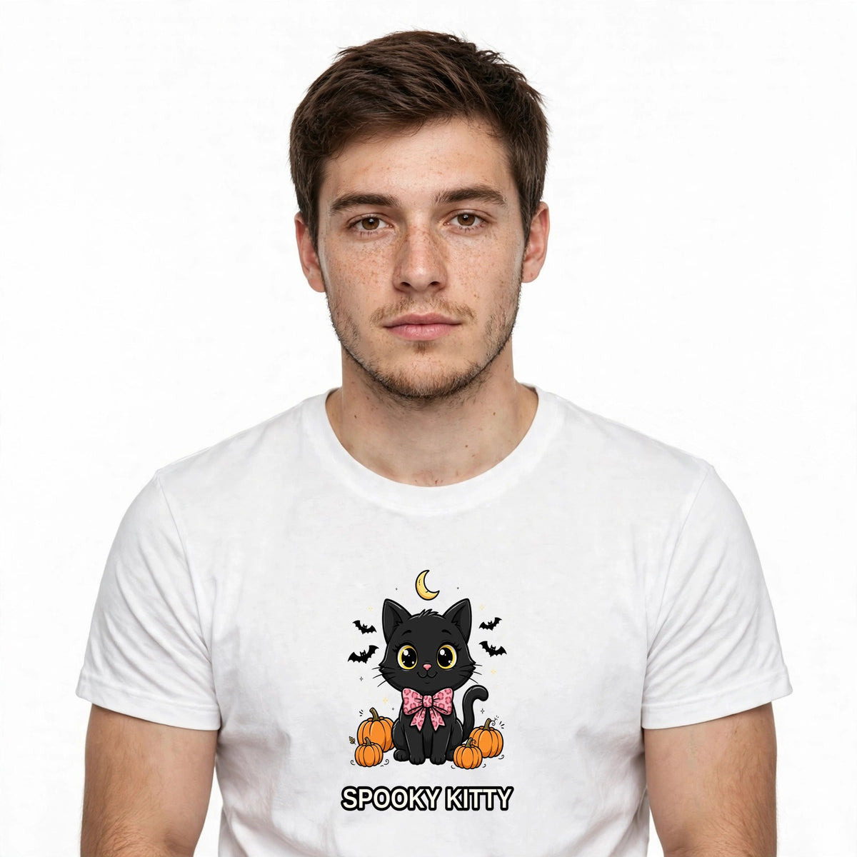 Lifestyle man wearing Black Cat Leopard Bow Spooky Kitty Tee - AI subject v2