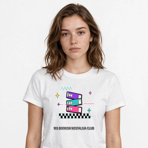 Lifestyle woman wearing 90s Bookish Nostalgia Club - 90s Retro Shirt - SAME DESIGN chest 0.56