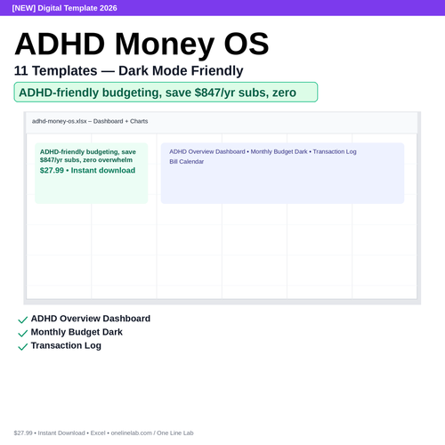 ADHD Money OS — 11 Templates — Dark Mode Friendly preview
