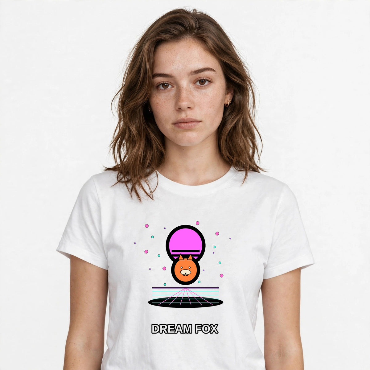 Lifestyle woman wearing AI Dreamscape Vapor Fox - Vaporwave Shirt - SAME DESIGN chest 0.56