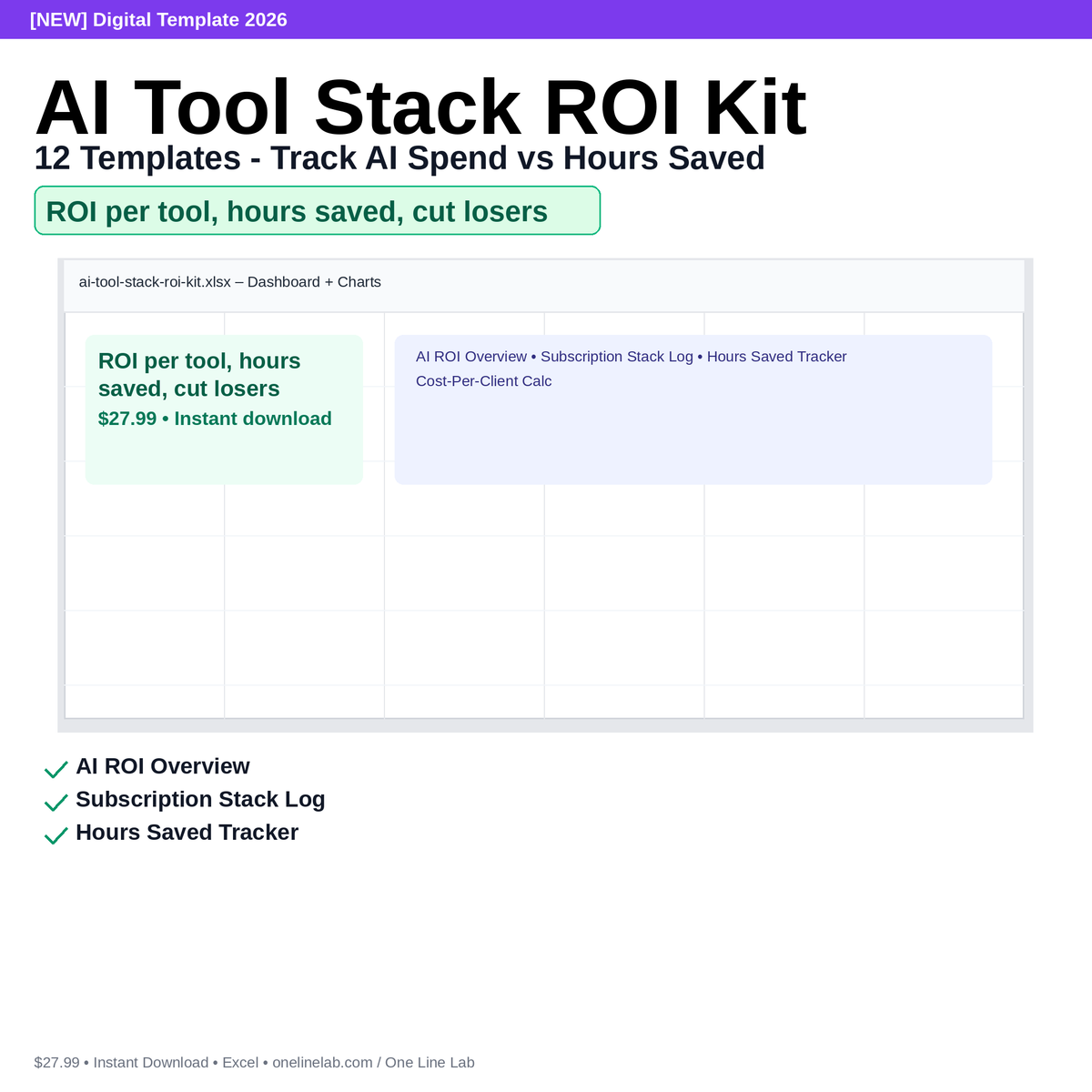 AI Tool Stack ROI Kit - 12 Templates - Track AI Spend vs Hours Saved preview