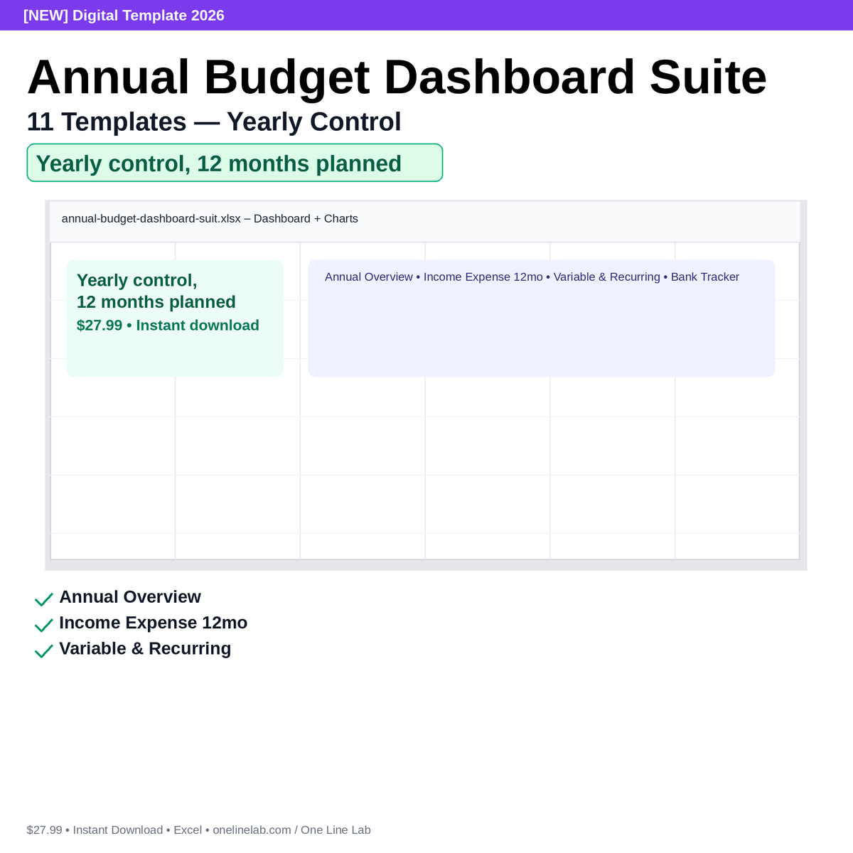 Annual Budget Dashboard Suite — 11 Templates — Yearly Control preview