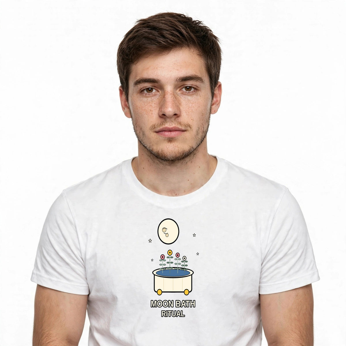 Lifestyle man wearing Celestial Moon Bath Ritual - Witchy Shirt - SAME DESIGN chest 0.62