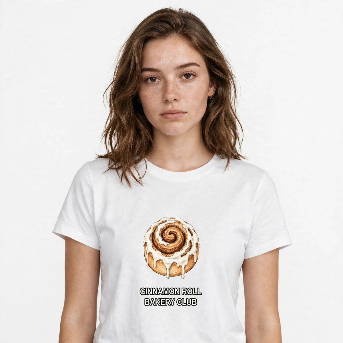 Lifestyle woman wearing Cinnamon Roll Bakery Club Shirt - SAME DESIGN chest 0.56
