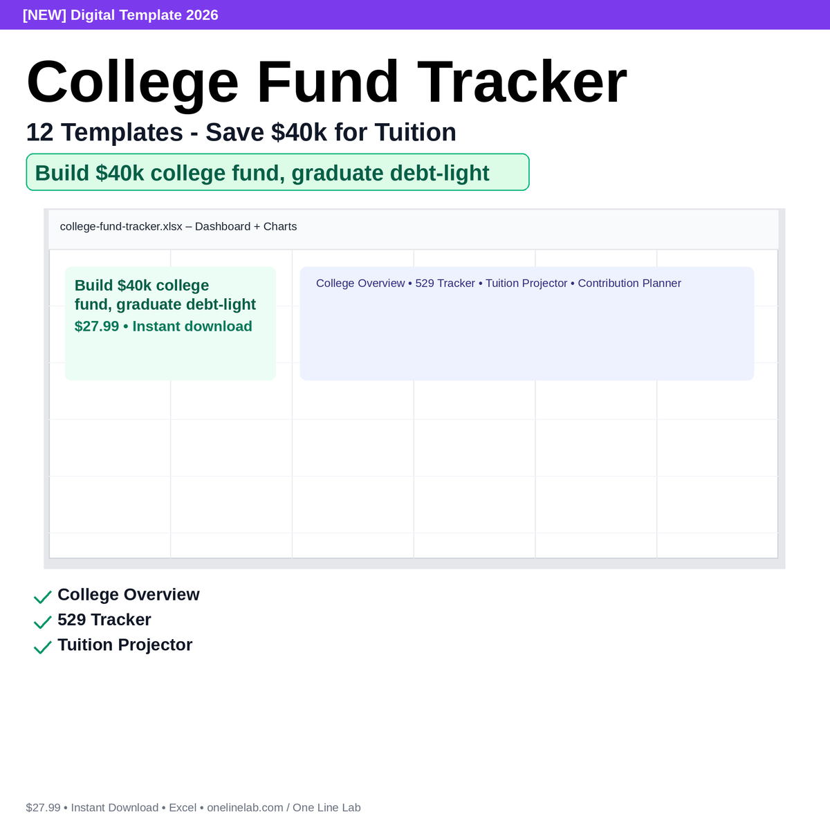 College Fund Tracker - 12 Templates - Save $40k for Tuition preview