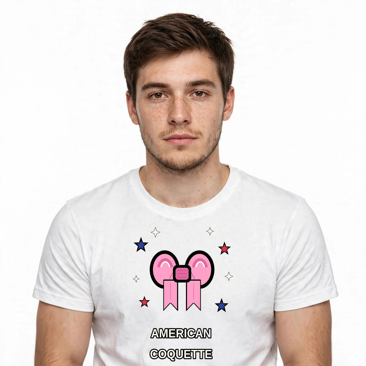 Lifestyle man wearing Coquette Bow American Girl - SAME DESIGN chest 0.62