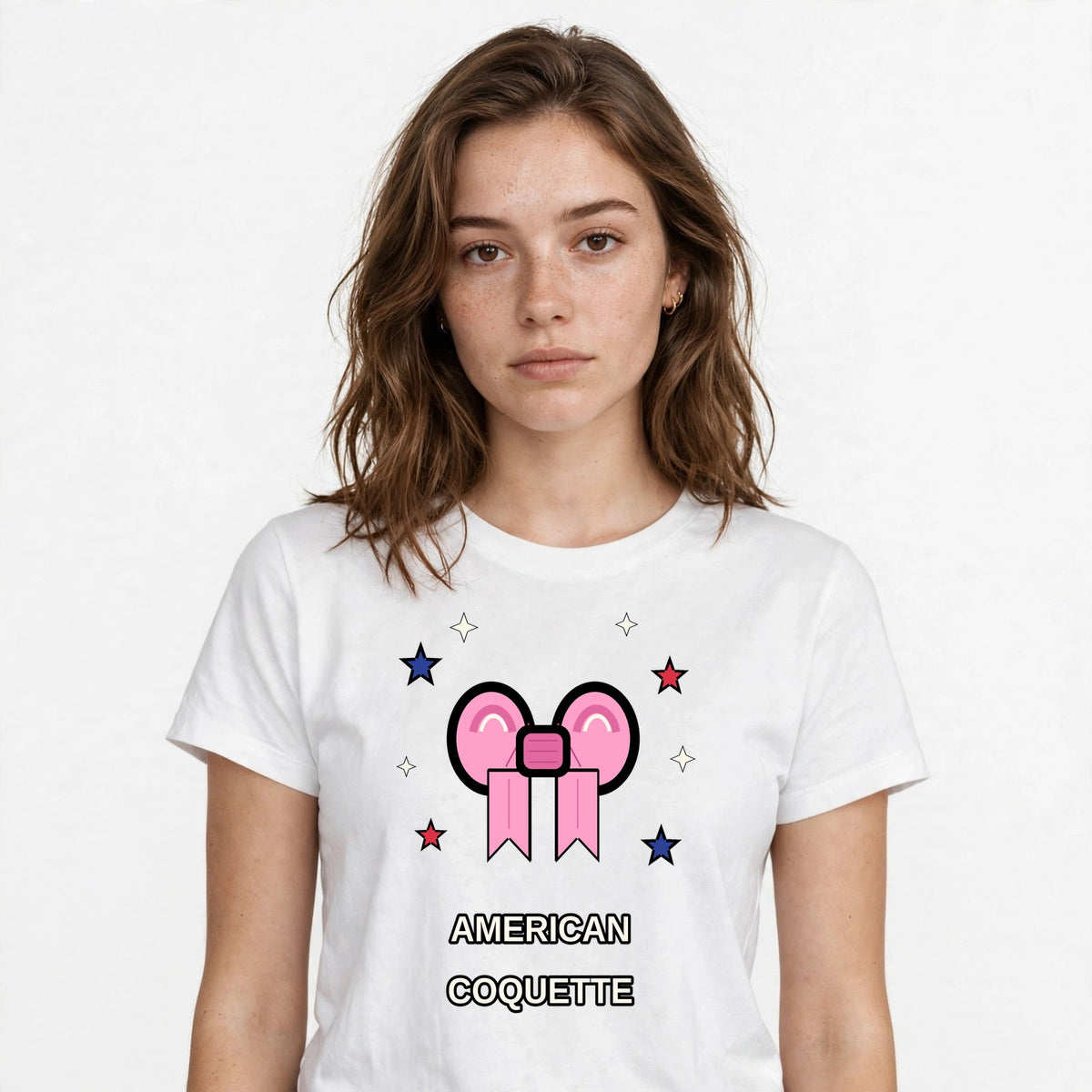 Lifestyle woman wearing Coquette Bow American Girl - SAME DESIGN chest 0.56