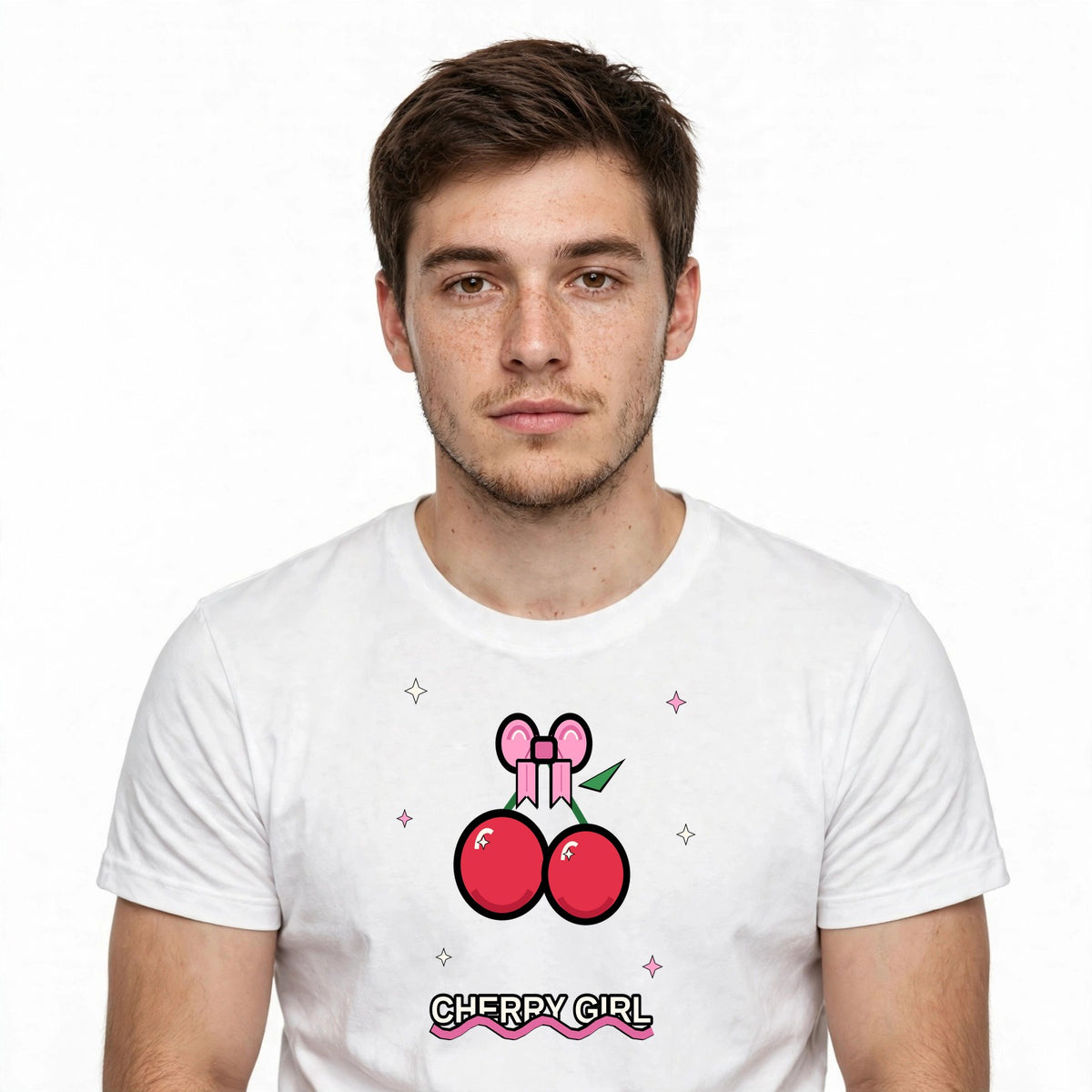 Lifestyle man wearing Cherry Coquette Bow - Coquette Girl Shirt - SAME DESIGN chest 0.62