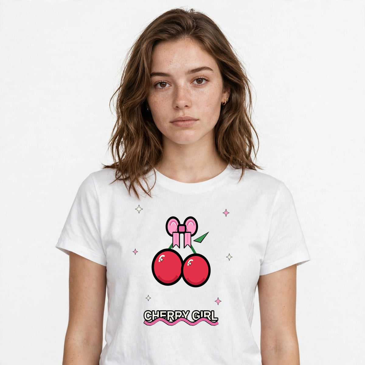 Lifestyle woman wearing Cherry Coquette Bow - Coquette Girl Shirt - SAME DESIGN chest 0.56