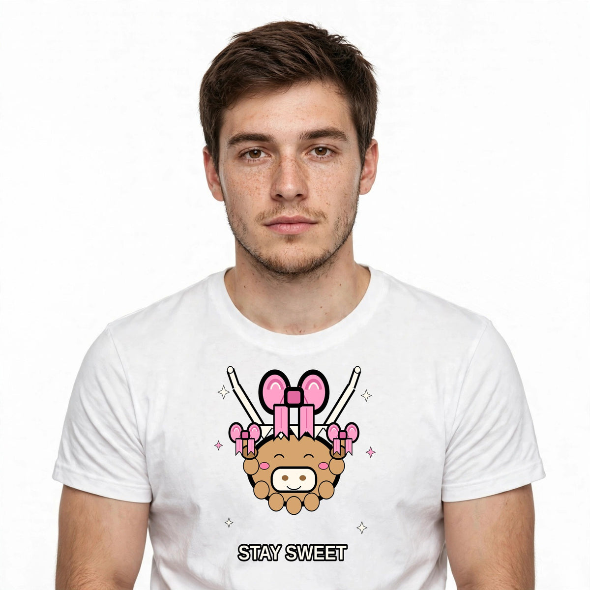 Lifestyle man wearing Coquette Highland Cow - Stay Sweet Farm Tee - SAME DESIGN chest 0.62