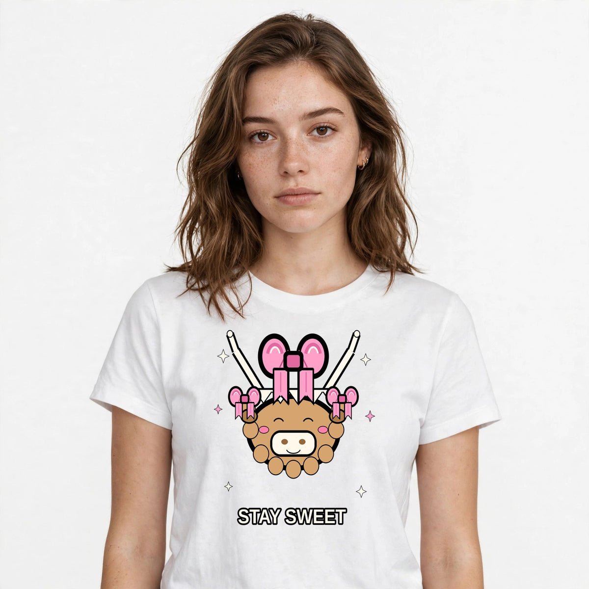 Lifestyle woman wearing Coquette Highland Cow - Stay Sweet Farm Tee - SAME DESIGN chest 0.56