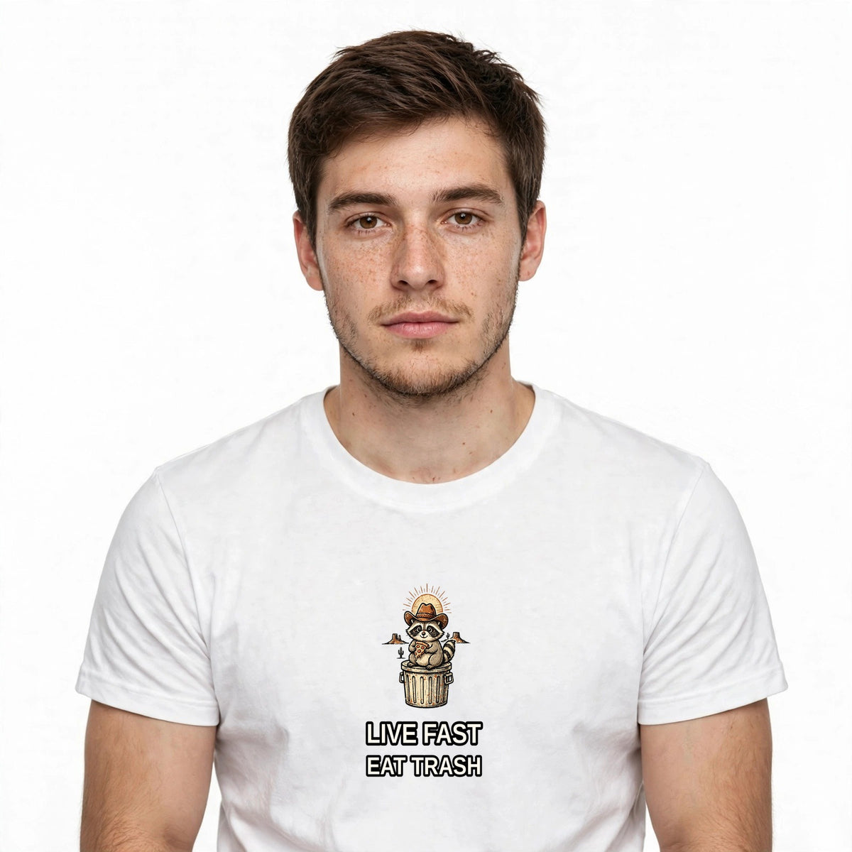 Lifestyle man wearing Cowboy Raccoon Shirt - Funny Western Trash Panda Tee - SAME DESIGN chest 0.62