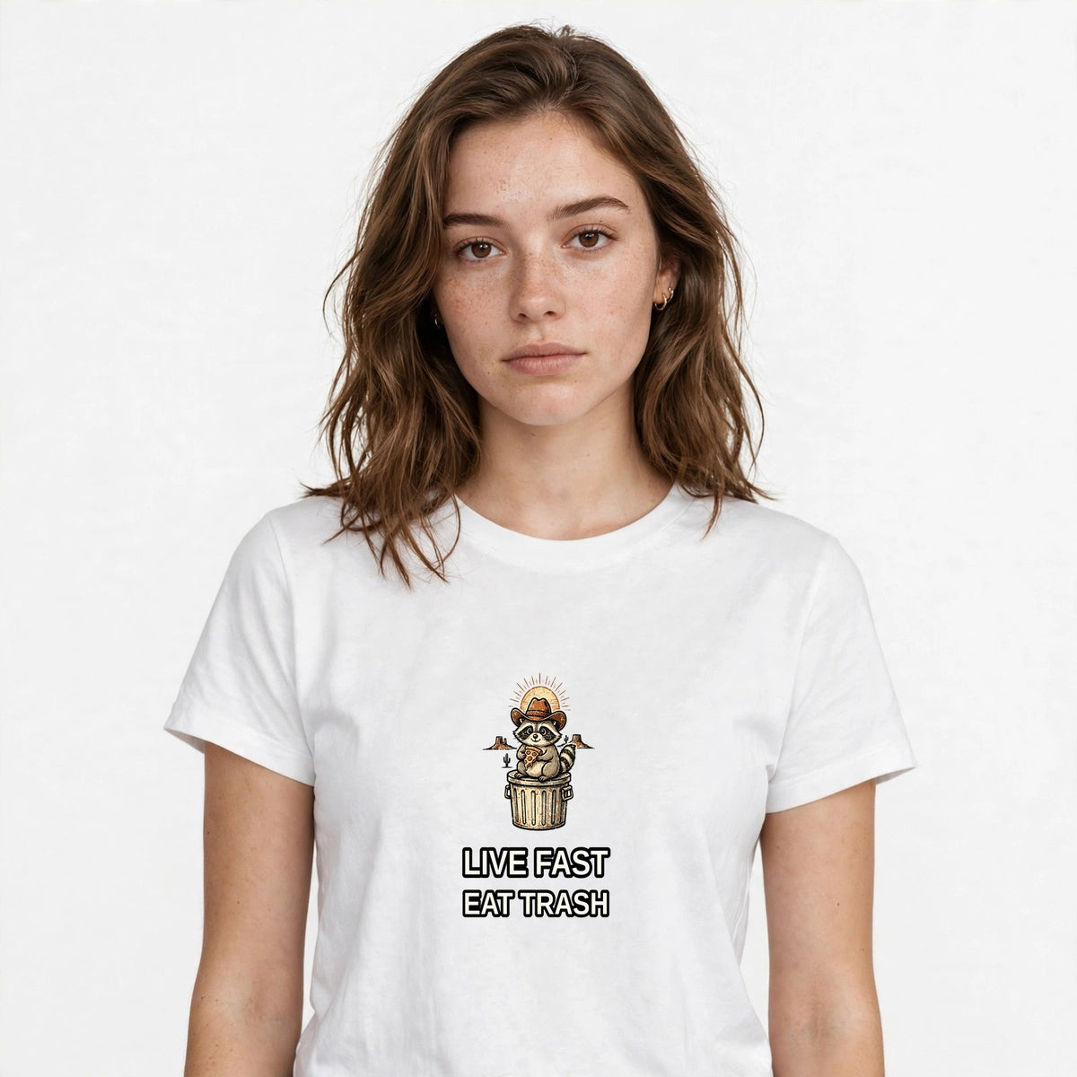 Lifestyle woman wearing Cowboy Raccoon Shirt - Funny Western Trash Panda Tee - SAME DESIGN chest 0.56