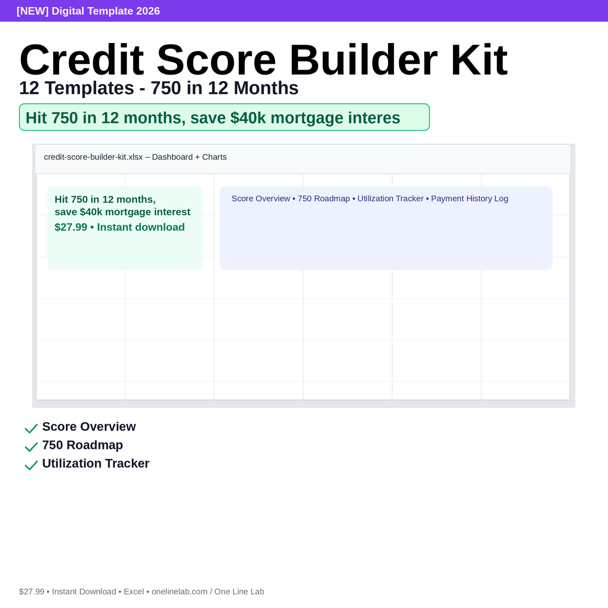 Credit Score Builder Kit - 12 Templates - 750 in 12 Months preview