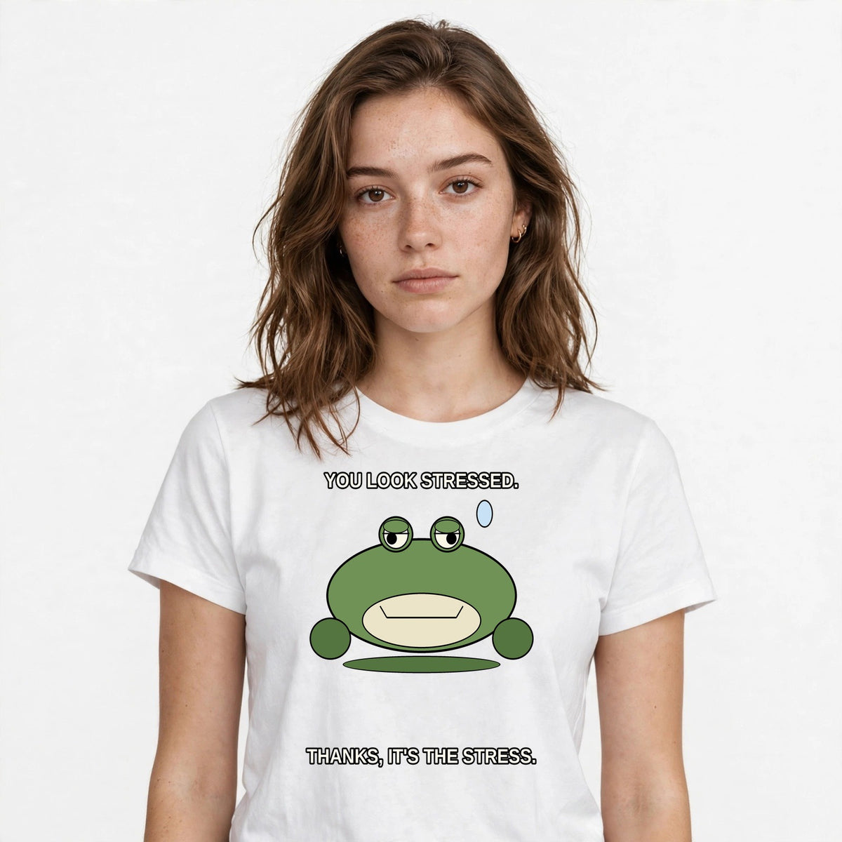 Lifestyle woman wearing Deadpan Stress Frog Meme Tee - SAME DESIGN chest 0.56