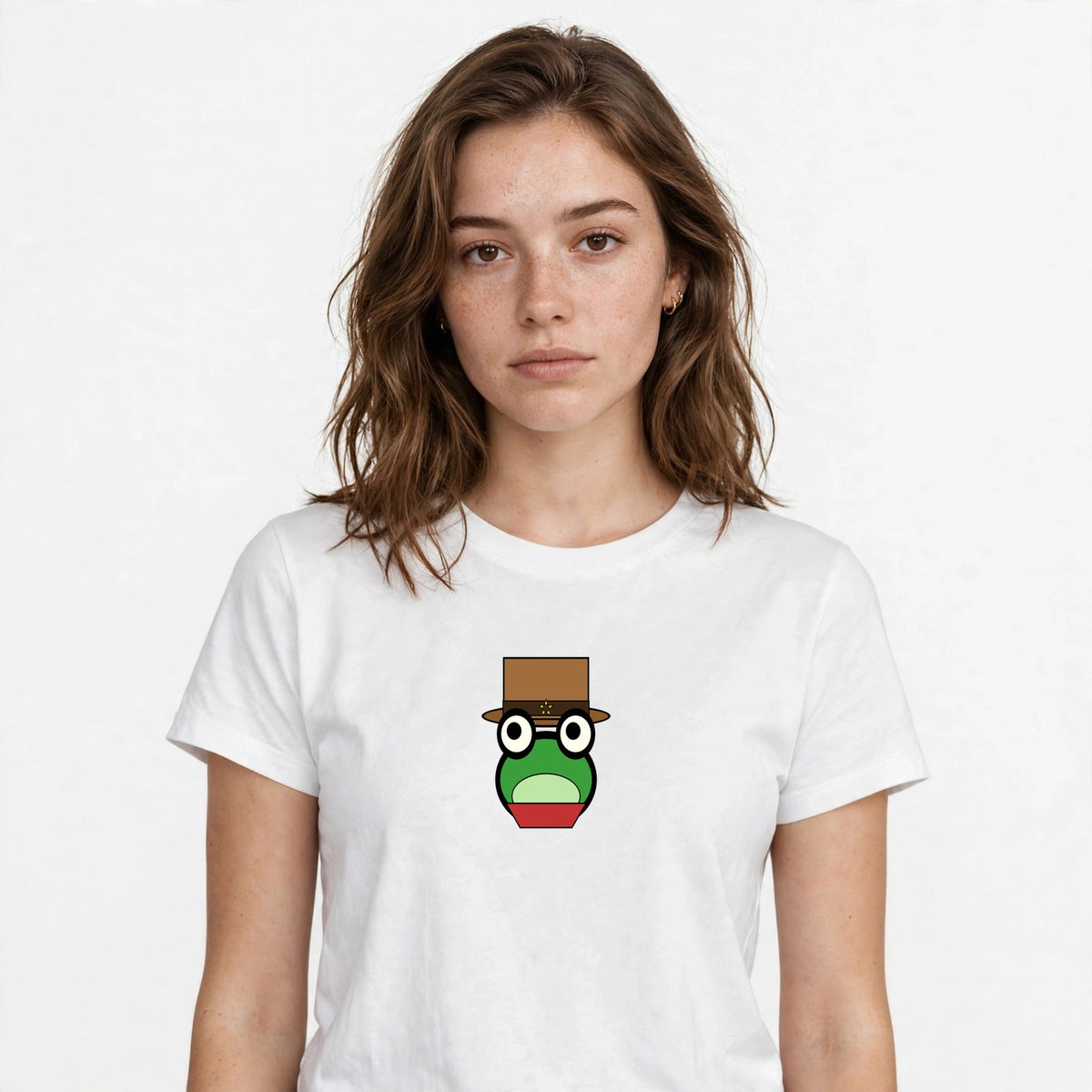 Lifestyle woman wearing Embroidered Off To Cause Kerfuffle Frog Shirt - SAME DESIGN chest 0.56