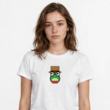 Lifestyle woman wearing Embroidered Off To Cause Kerfuffle Frog Shirt - SAME DESIGN chest 0.56