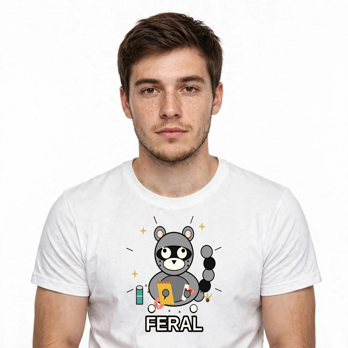 Lifestyle man wearing Feral Crazy Raccoon Meme Tee - SAME DESIGN chest 0.62