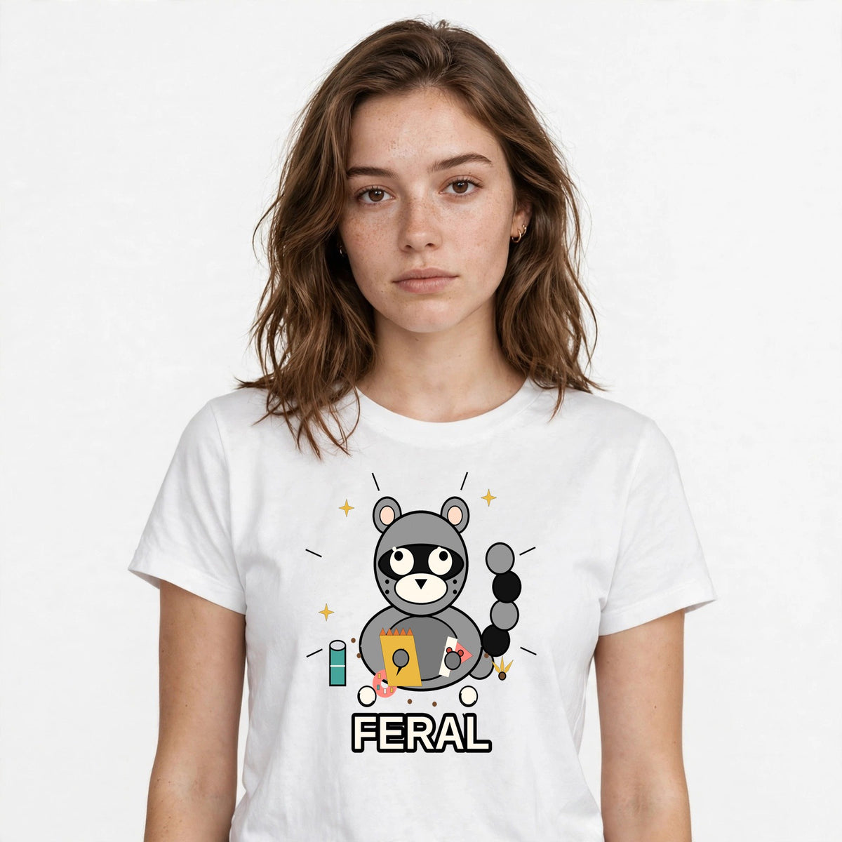 Lifestyle woman wearing Feral Crazy Raccoon Meme Tee - SAME DESIGN chest 0.56