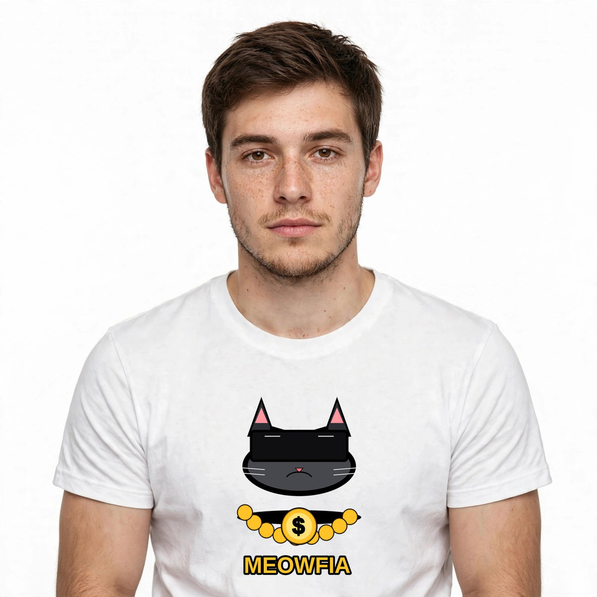Lifestyle man wearing Funny Gangster Cat Shirt Meme Tee - SAME DESIGN chest 0.62