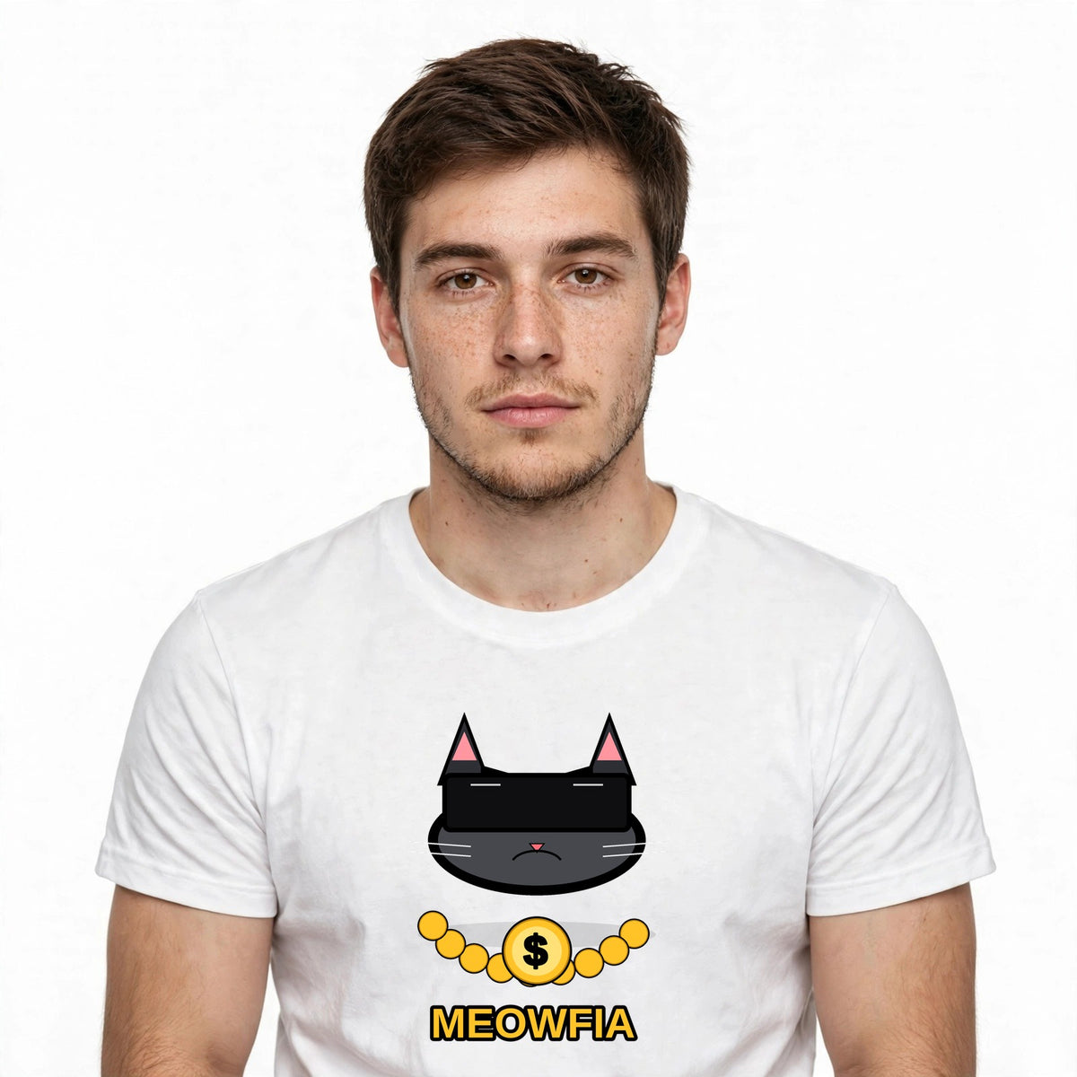 Lifestyle man wearing Funny Gangster Cat Shirt Meme Tee - SAME DESIGN chest 0.62