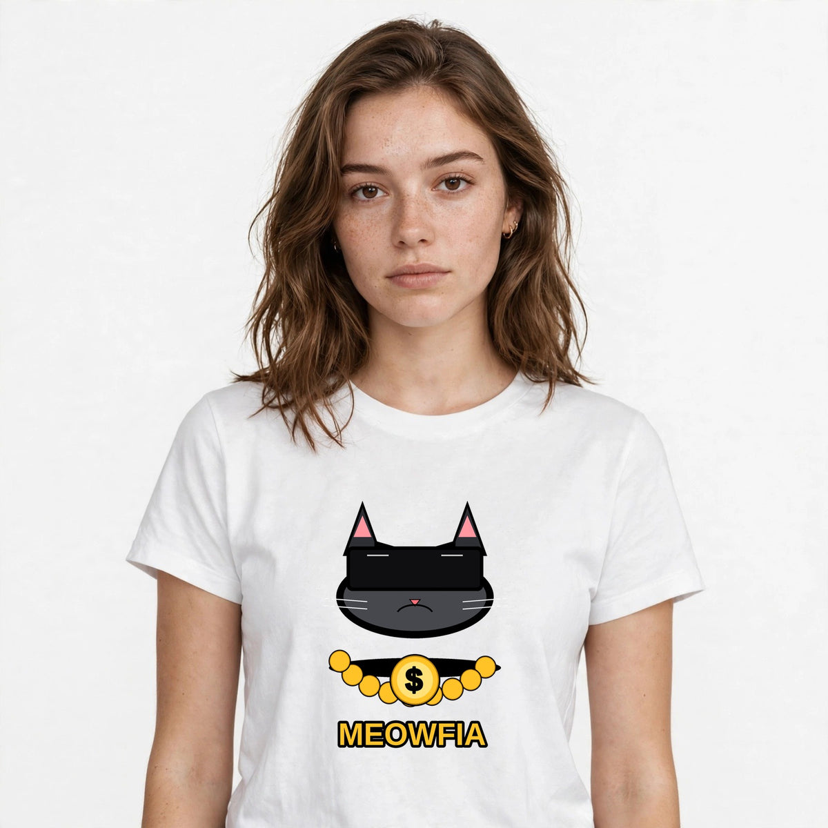 Lifestyle woman wearing Funny Gangster Cat Shirt Meme Tee - SAME DESIGN chest 0.56