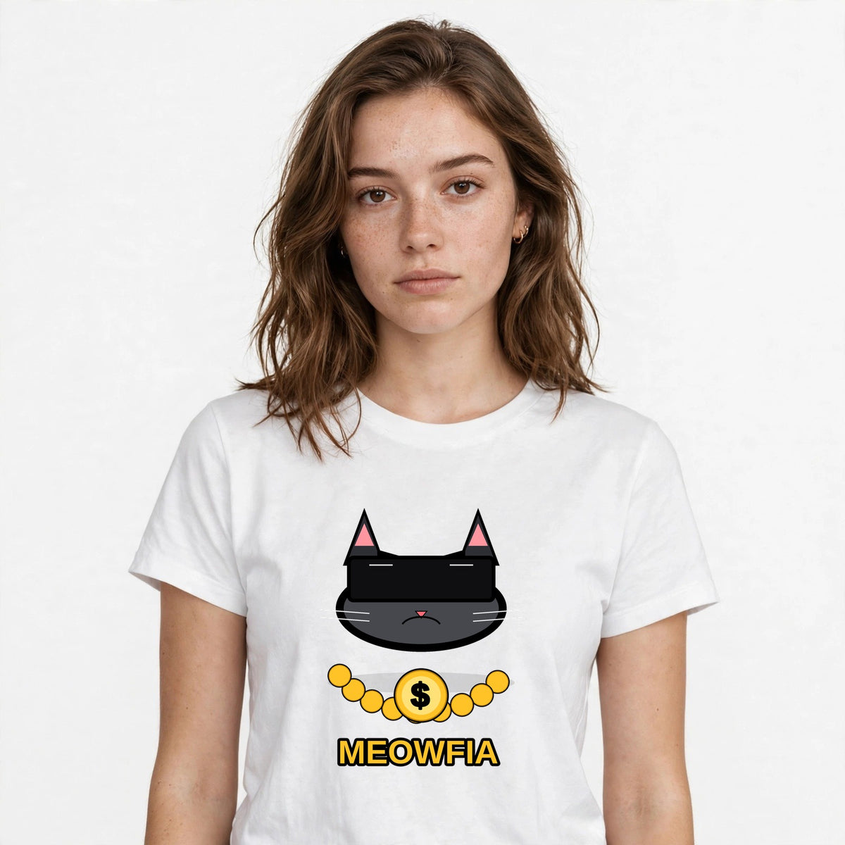 Lifestyle woman wearing Funny Gangster Cat Shirt Meme Tee - SAME DESIGN chest 0.56