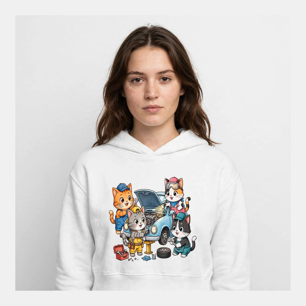 Female model white hoodie head to waist second third 20% lower smaller 480px same design