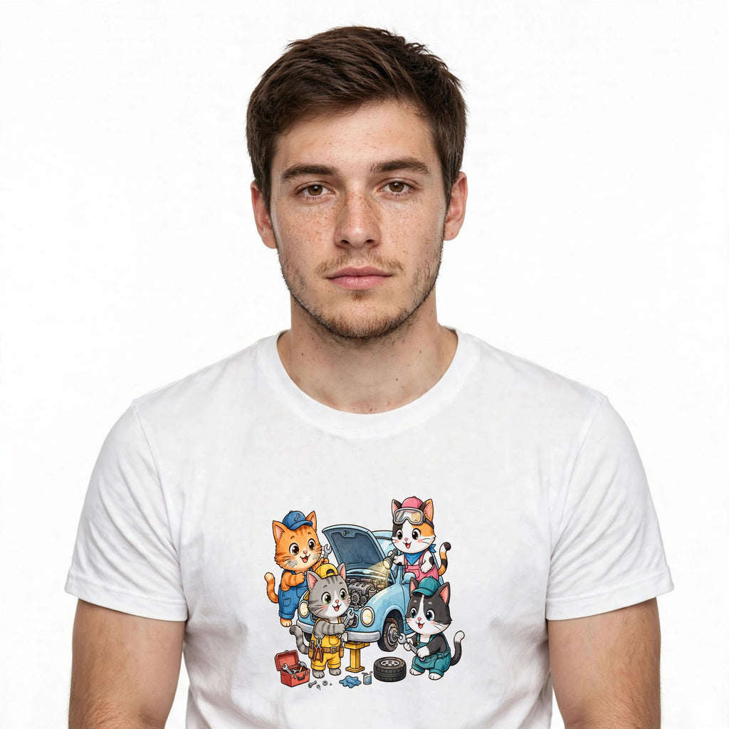 Lifestyle man wearing garage-cat-crew-team-cats-fixing-car-tee tee - SAME DESIGN verified