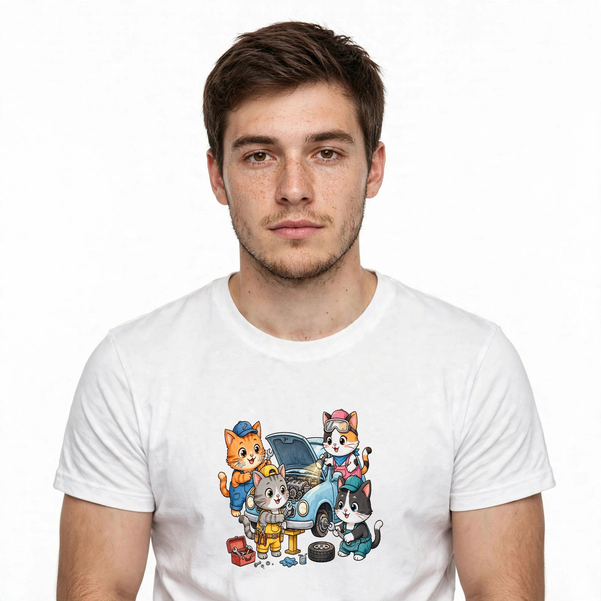 Lifestyle man wearing garage-cat-crew-team-cats-fixing-car-tee tee - SAME DESIGN verified