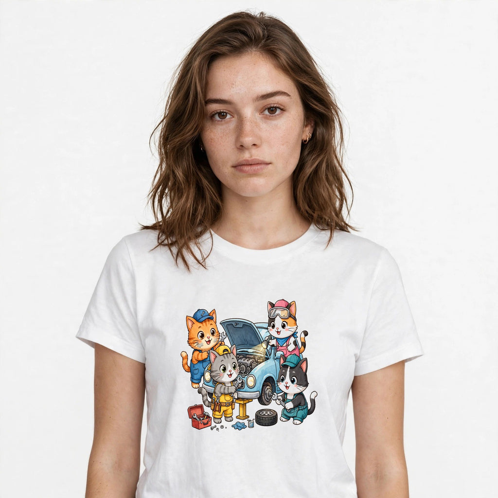 Lifestyle woman wearing garage-cat-crew-team-cats-fixing-car-tee tee - SAME DESIGN verified