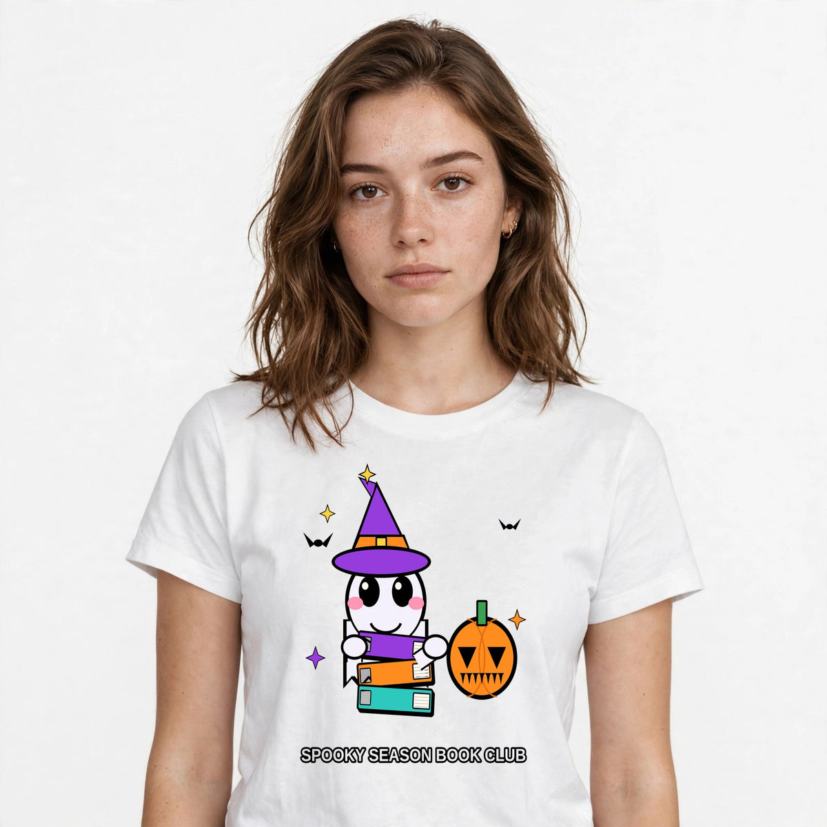 Lifestyle woman wearing Spooky Season Book Club - Halloween Bookish Shirt - SAME DESIGN chest 0.56