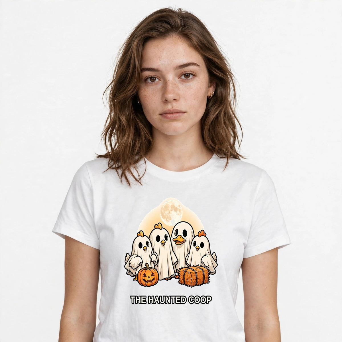 Lifestyle woman wearing The Haunted Coop Shirt - Funny Chicken Ghost Halloween Tee - SAME DESIGN chest 0.56