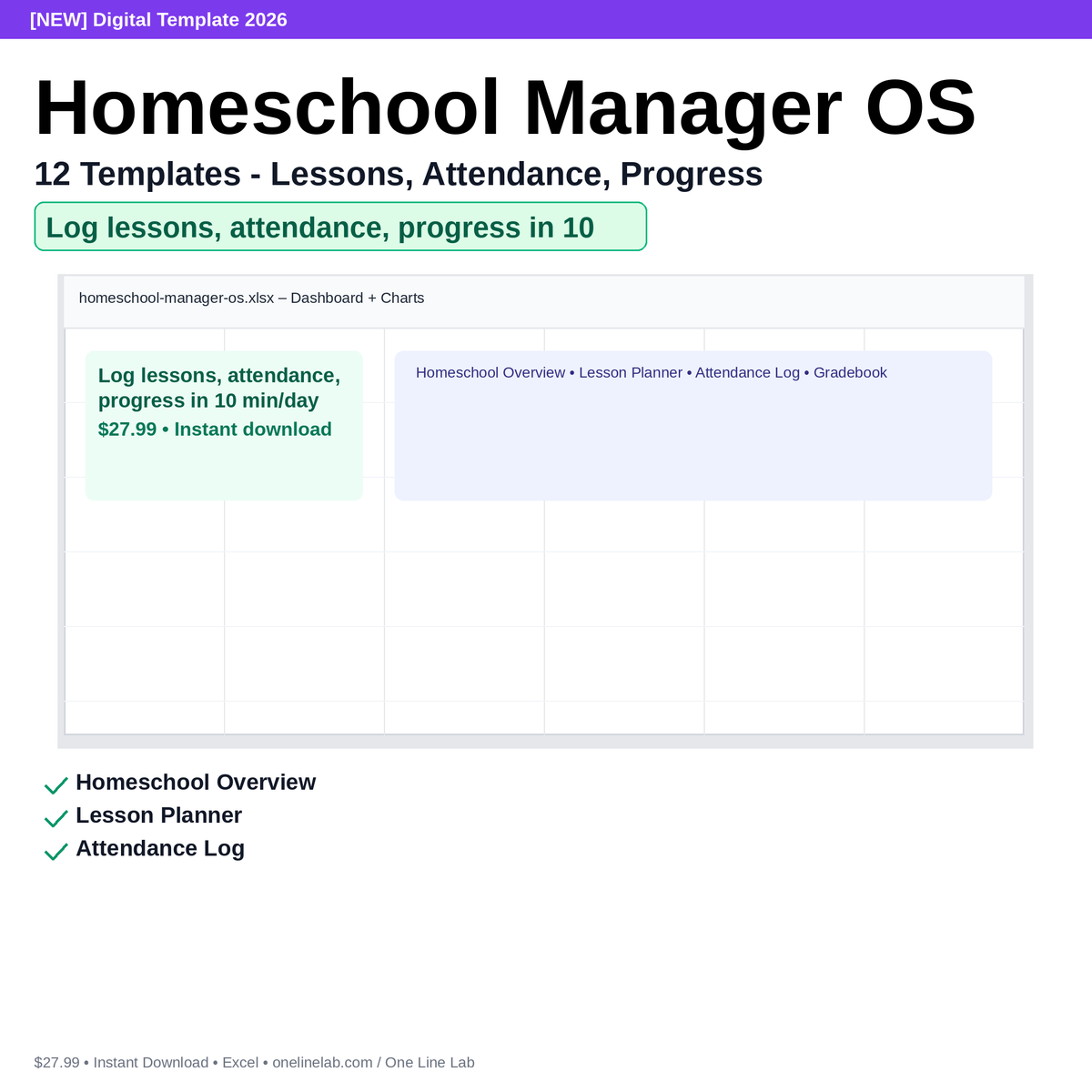 Homeschool Manager OS - 12 Templates - Lessons, Attendance, Progress preview