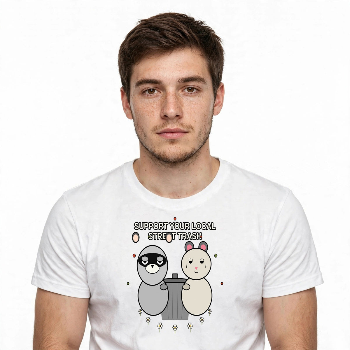 Lifestyle man wearing Support Your Local Street Trash - Possum Raccoon Tee - SAME DESIGN chest 0.62