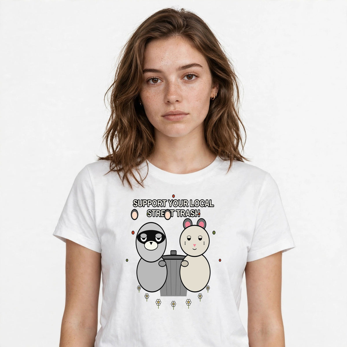 Lifestyle woman wearing Support Your Local Street Trash - Possum Raccoon Tee - SAME DESIGN chest 0.56