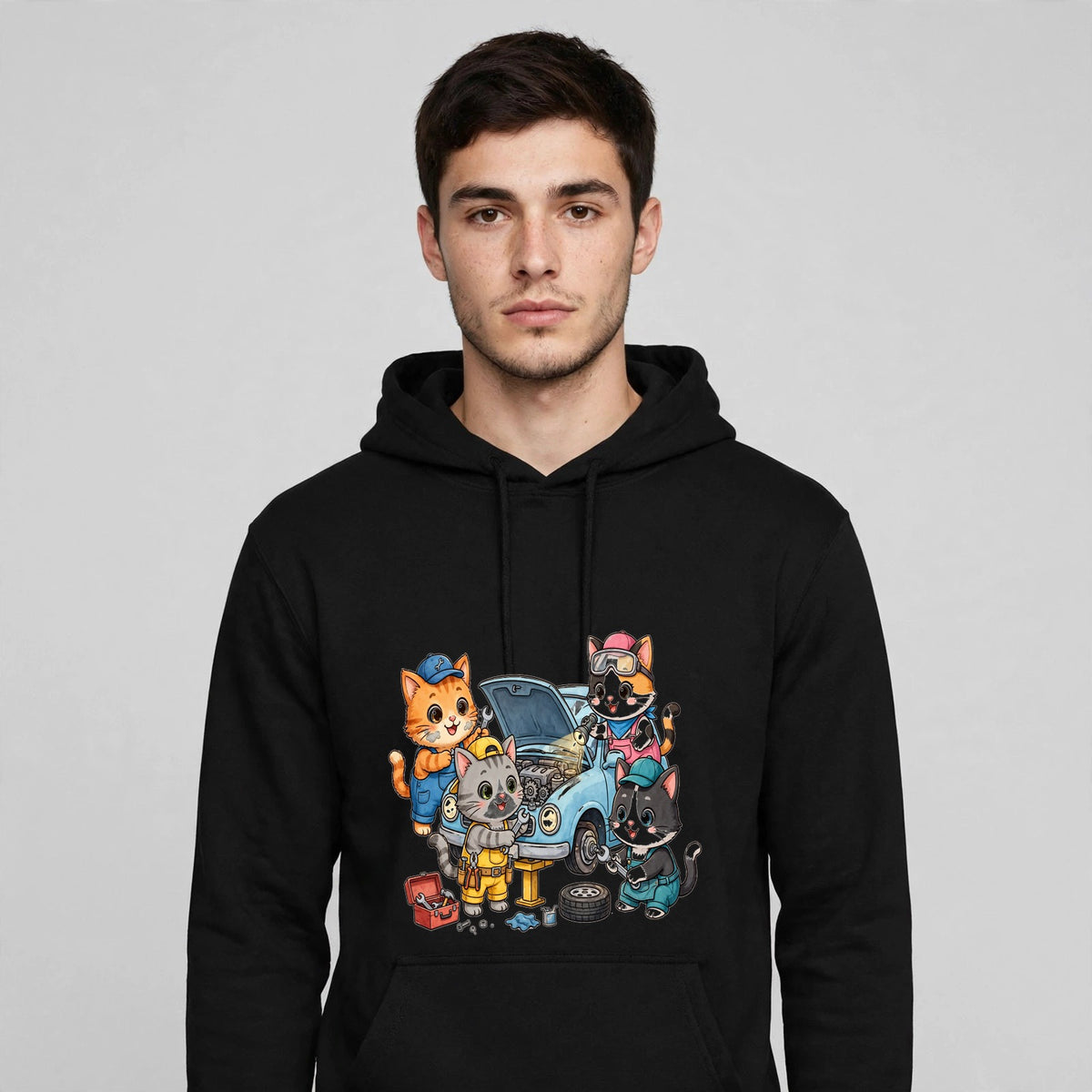 Male model black hoodie head to waist second third 20% lower smaller 480px same design
