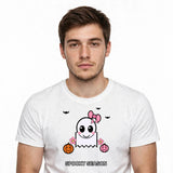 Lifestyle man wearing Coquette Bow Ghost Halloween Tee - SAME DESIGN chest 0.62