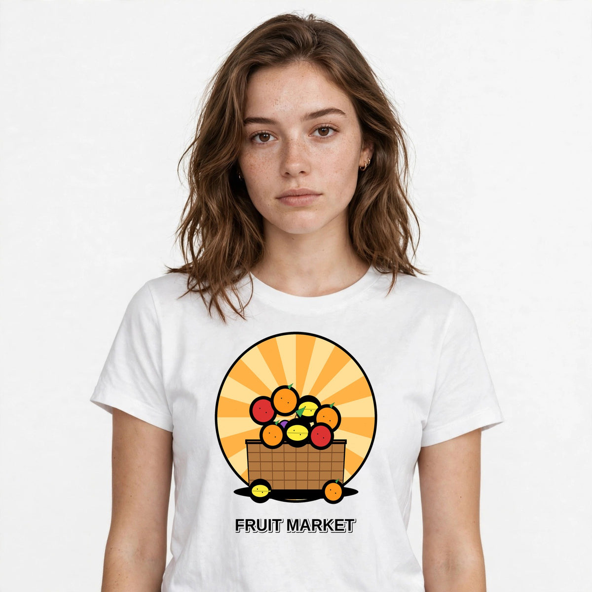 Lifestyle woman wearing Maximalist Fruit Basket - Market Shirt - SAME DESIGN chest 0.56