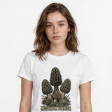 Lifestyle woman wearing Mushroom Forager - Gothic Shroom Shirt - SAME DESIGN chest 0.60