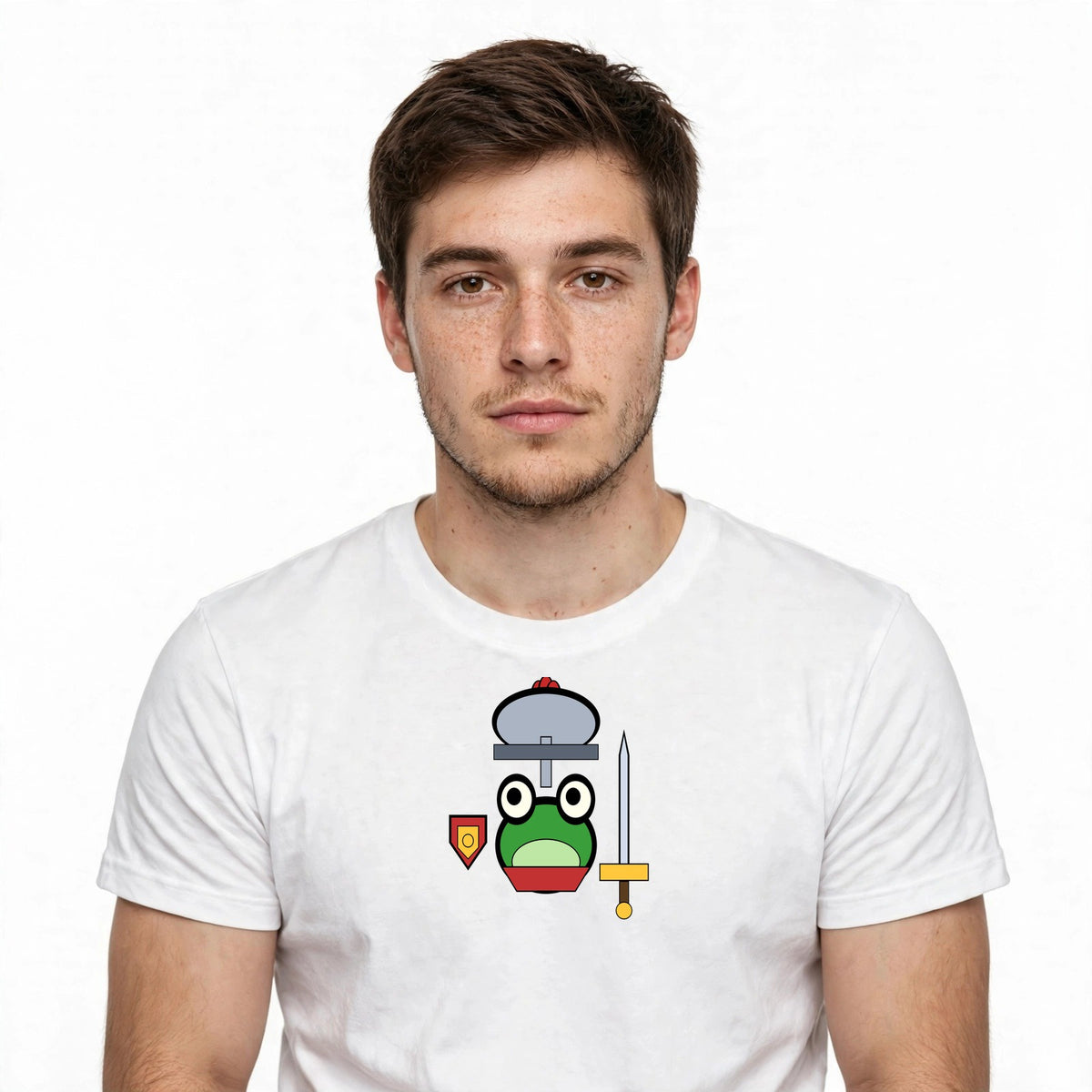 Lifestyle man wearing Off To Cause A Kerfuffle Frog Shirt - Funny Frog Meme Tee - SAME DESIGN chest 0.62