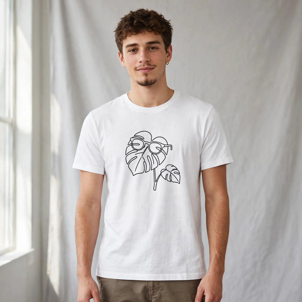 Lifestyle man wearing plant-parent-vibes-funny-monstera-sunglasses-tee tee with monstera plant with sunglasses one-line art