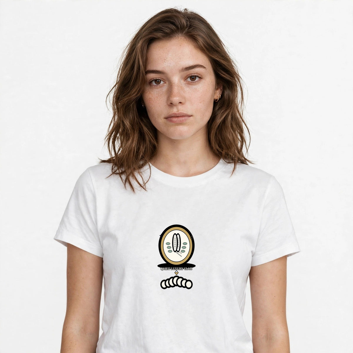 Lifestyle woman wearing Quiet Luxury - Old Money Shirt - SAME DESIGN chest 0.56