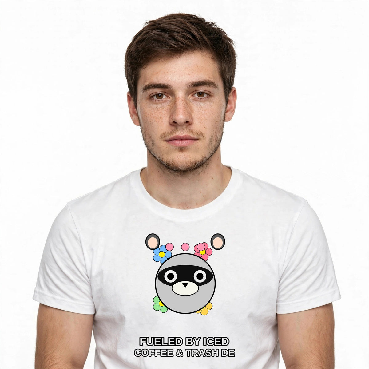 Lifestyle man wearing Raccoon Drinking Iced Coffee Shirt - Funny Racoon Meme Tee - SAME DESIGN chest 0.62