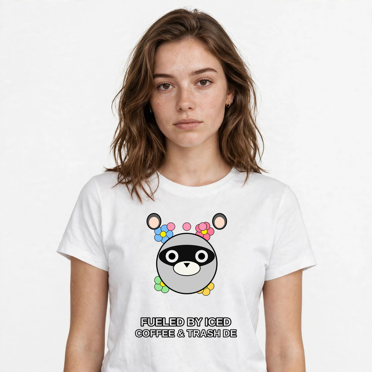 Lifestyle woman wearing Raccoon Drinking Iced Coffee Shirt - Funny Racoon Meme Tee - SAME DESIGN chest 0.56