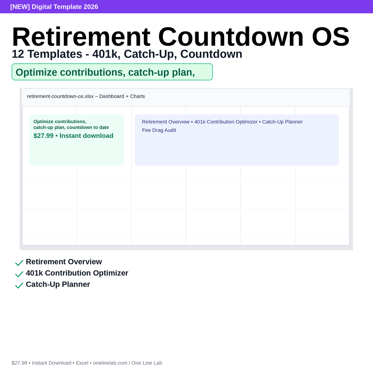 Retirement Countdown OS - 12 Templates - 401k, Catch-Up, Countdown preview