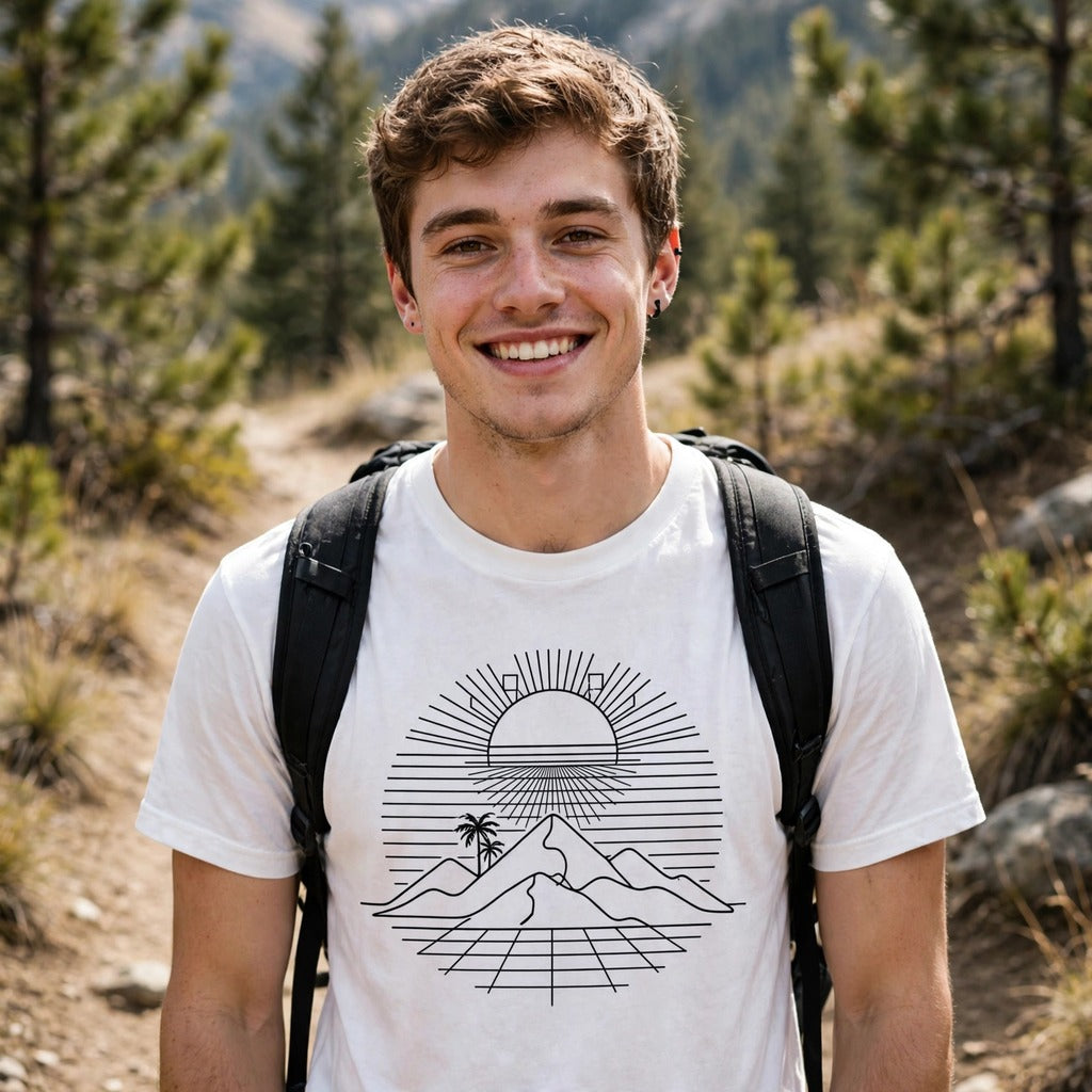 Lifestyle man wearing retro-sunset-hiking-80s-vaporwave-mountain-tee tee with retro sunset hiking vaporwave mountain one-line art