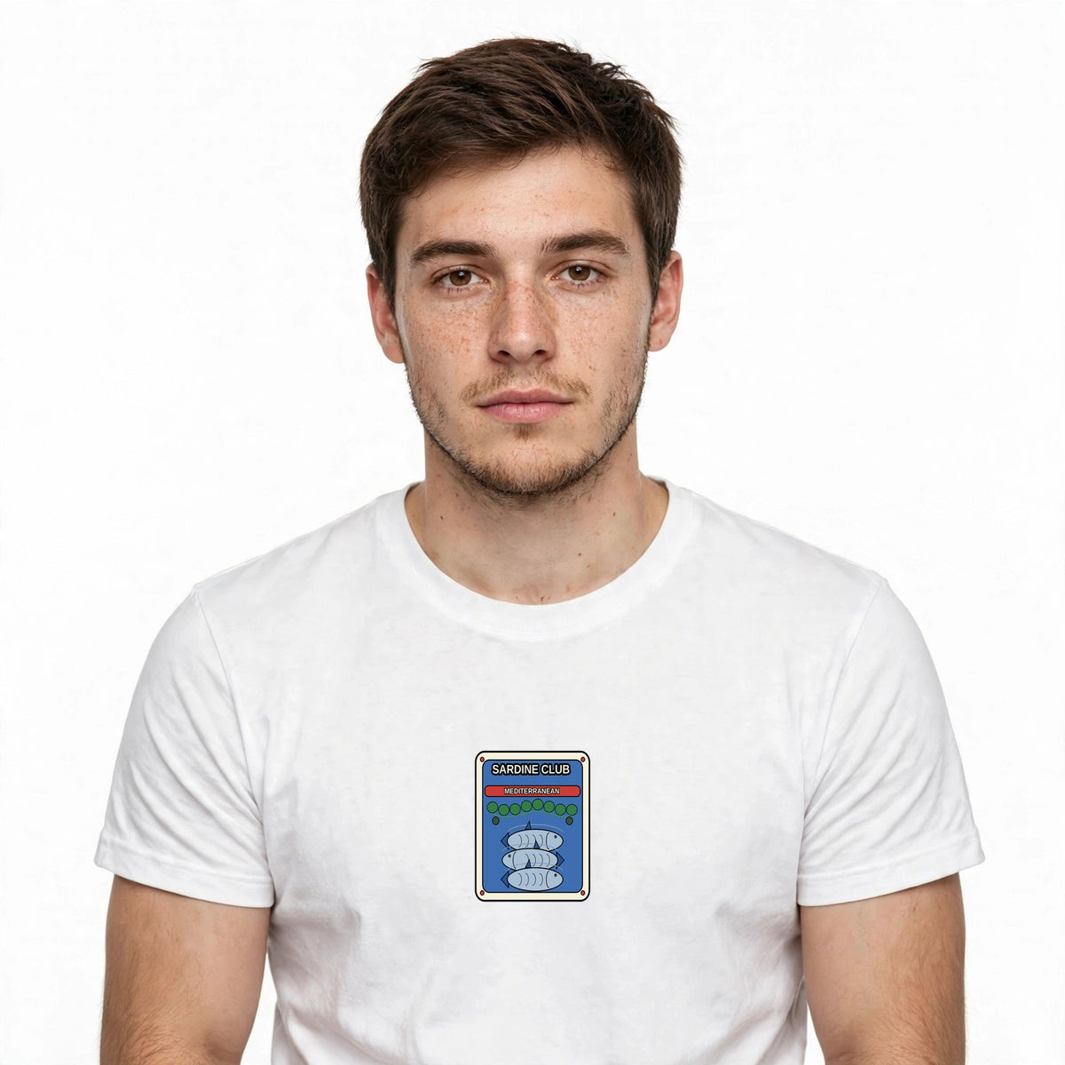 Lifestyle man wearing Sardine Club - Mediterranean Girl Shirt - SAME DESIGN chest 0.62
