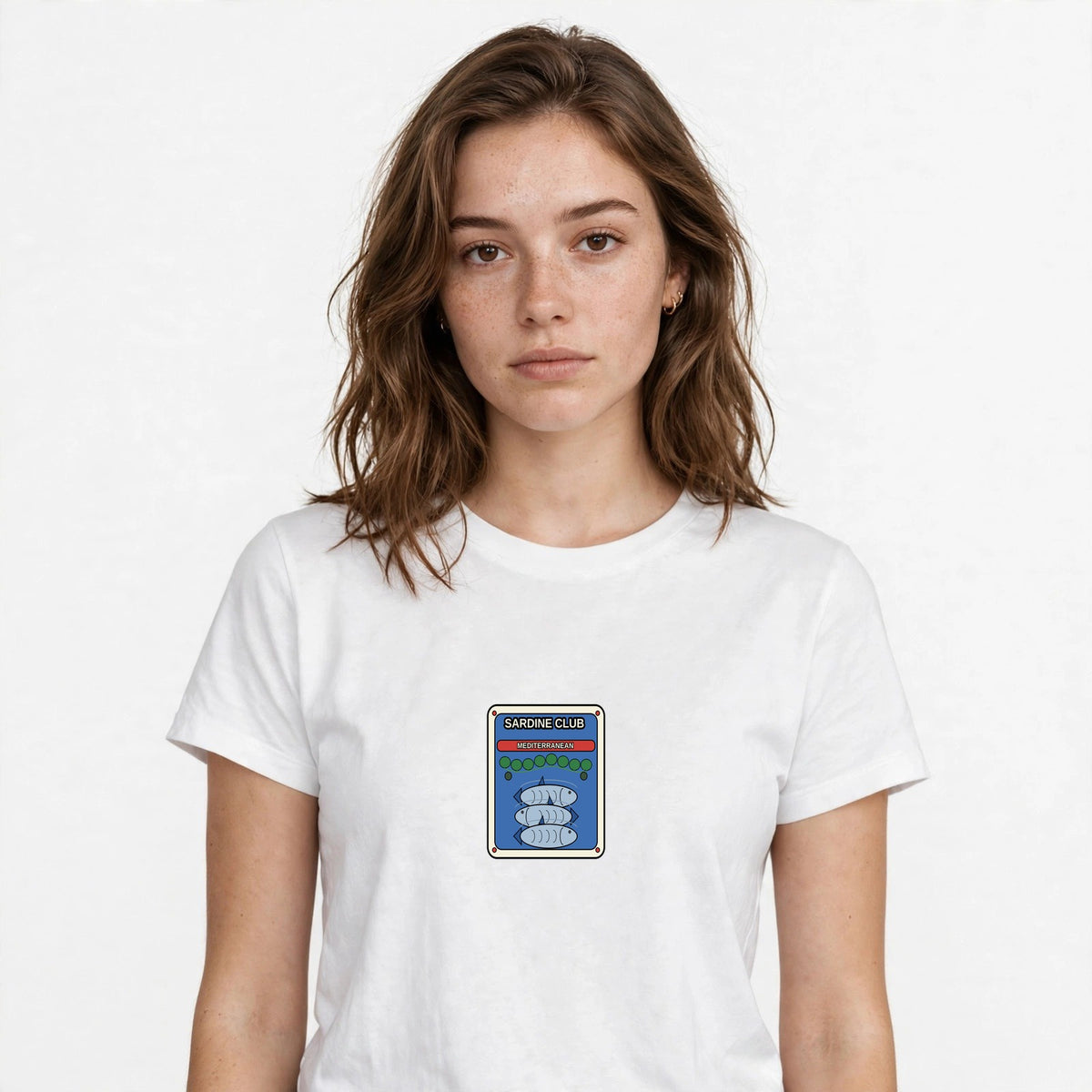 Lifestyle woman wearing Sardine Club - Mediterranean Girl Shirt - SAME DESIGN chest 0.56